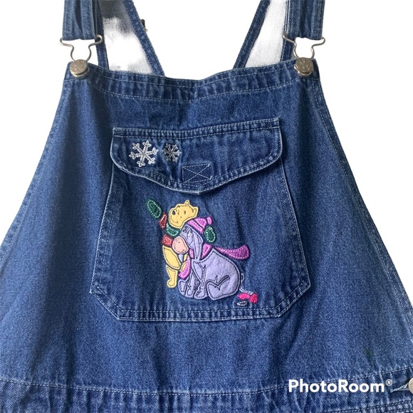 Disney Store Denim Overalls Women’s Size Lrg Winnie the Pooh Eeyore Snowflakes - Picture 5 of 9